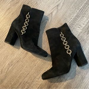 VIA SPIGA Cynthia Black Suede Gold Chain Heeled Ankle Boots